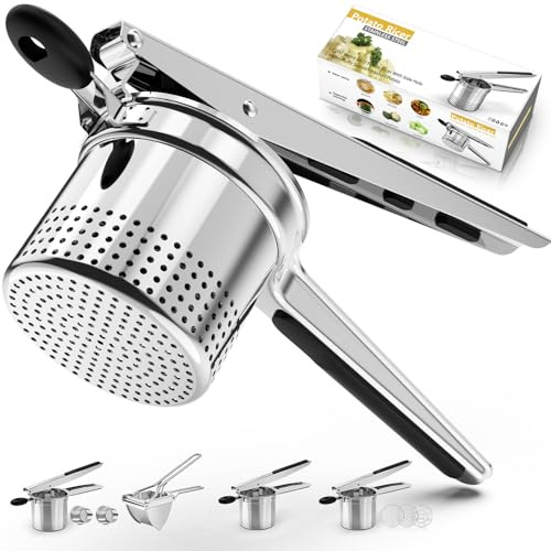 Kartoffelpresse, effizient, groß, 425 ml, für flauschige Kartoffelpüree mit extra Loch, robuste Kartoffelpresse aus Edelstahl, komfortabler, rutschfester Silikongriff für Kartoffelpüree