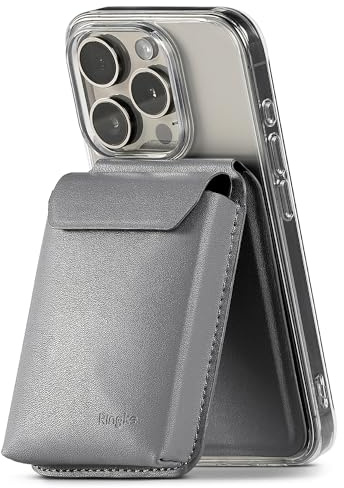 Ringke Stand Pocket Magnetic [Holds up to 13 Cards] Phone Wallet Compatible with MagSafe, Angle-adjustable Stand ID Credit Card Premium PU Leather Phone Card Holder for Case - Light Gray