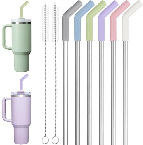 Tomorotec 6er-Pack Edelstahlstrohhalme mit bunten Silikonspitzen für 40oz Stanley Becher, 12 lang, BPA-frei, inklusive 2 Reinigungsbürsten, ideal für Zuhause und unterwegs.
