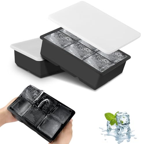 JOPHEK Bandejas de Cubitos de Hielo, 2 Piezas 12 Cubos Silicona Moldes para Cubitos de Hielo con Tapa, Cubitos de Hielo Cuadrados Grandes de 4,8cm para Cócteles, Whisky, Vino, Frutas, Puré de Frutas