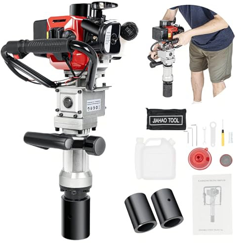 Garbenat Benzin Pfahlramme 2 Takt Motor Erdbohrer Benzin 900W 32,7CCM Zaunbau Pfostenramme Hand-Zug-Start Fahlramme Benzin Erdlochbohrer mit 55-70mm Hülsen Benzinpfahlramme für Gebäude Leitplanken