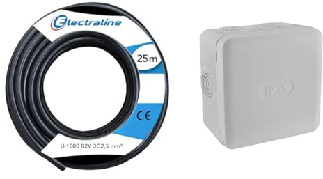 Electraline 20218288D Couronne U-1000 R2V 3x2,5mm², 25 mètres, Noir & Boite de derivation electrique - etanche exterieur - IP55 85X85 - Debflex - 718806 - Polypropylène, Gris