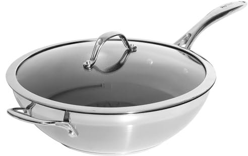 ProCook Professional Stainless Steel Non Stick Wok with Lid & Cool Touch Handles Non Stick Induction Safe Saute Frying Pan - 30cm