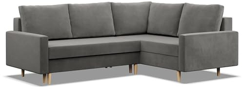 Mebligo - Ecksofa mit Schlaffunktion und Bettkasten Blank, Eckcouch mit Ottomane Rechts, Sofa L Form 223 x 172 x 88 cm, Couch Wohnzimmer, Ecke Sofa Wohnlandschaft, Schlafsofa - Hellgrau