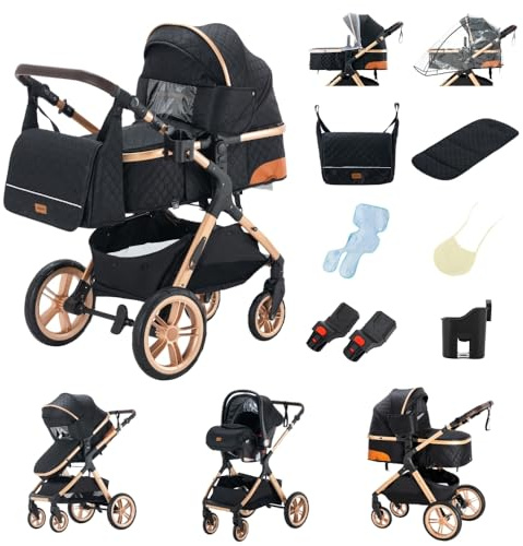 GLOKID 3 in 1 Kinderwagen Komplettset | Bis 22 kg, Höhenverstellbarer, Verstellbare Liegeposition, Kompakt Zusammenklappbar | Inkl. Babyschale, Wickeltasche, Moskitonetz und Adapter (FGX1 Schwarz)