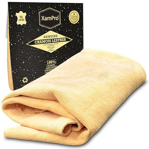 XamPro - Professional 4.5 sq ft English Premium Natural Leather Chamois - Clean Like a pro with Our Biggest and Best Car Shammy - Superb Drying Capacity Easy, Streak Free Finish - Made in the UK