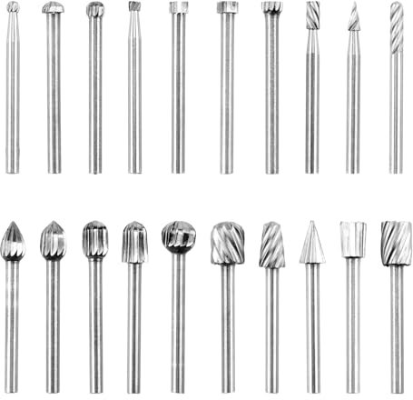 20 Stück Fräser Holz Set für Rotary Tools, Holzschnitzerei Bohrer Set mit 3mm Schaft, Hartmetall-Frässtifte mit Doppelschnitt, Vielseitig einsetzbar für Heimwerker, Holzarbeiten, Gravieren und Bohren