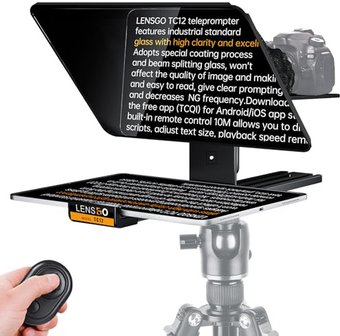LENSGO Téléprompteur TC12 pour appareil photo reflex numérique et tablette jusqu'à 12,9 | Téléprompteur professionnel pour l'enregistrement vidéo, le vlogging, le streaming en direct.