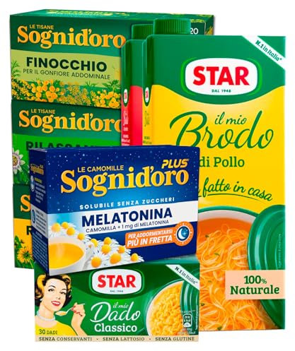 Star Il Mio Brodo di Pollo 1L + Brodo di Carne Mista 1L + Il Mio Dado Classico Confezione da 30 + Sognid'oro Camomilla 16 Filtri + Tisane Regolarità Finocchio e Rilassante 3 Confezioni da 20 Filtri
