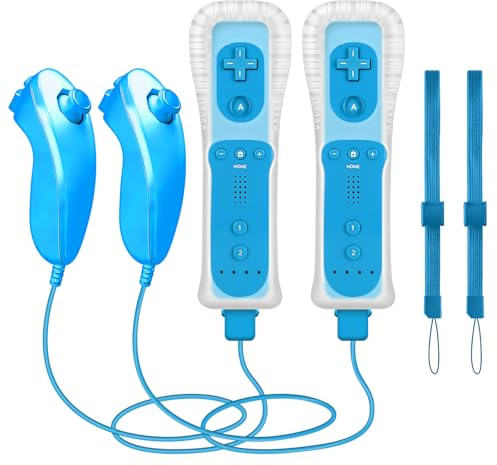 CLVIZCXOM 2 Sets Remote Fit for Wii/Wii U with MotionPlus (Blue & Blue) | 2 Remotes + 2 Nunchuks + 2 Cases + 2 Straps, Compatible with Nintendo Console