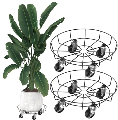 YRHome 2 rotoli per piante in metallo, colore nero, per esterni e interni, sottovaso con rotelle, per piante, con ruote, base a rullo, diametro 33 cm, fino a 150 kg