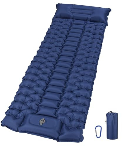 Tixexo Isomatte Selbstaufblasend, 10cm Dicke Luftmatratze Camping mit Fußpressepumpe und Kissen, Anti-Ripstop Schlafmatte Kleines Packmass für Wandern, Reise, Strand, Blau