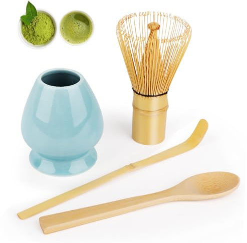 LWMTT 4 Piezas Matcha Kit, Batidor de 80 Varillas, 2 Cuchara de Té, Porta Batidor, Matcha Set Perfecto para Regalos de Cumpleaños y Navidad - Azul