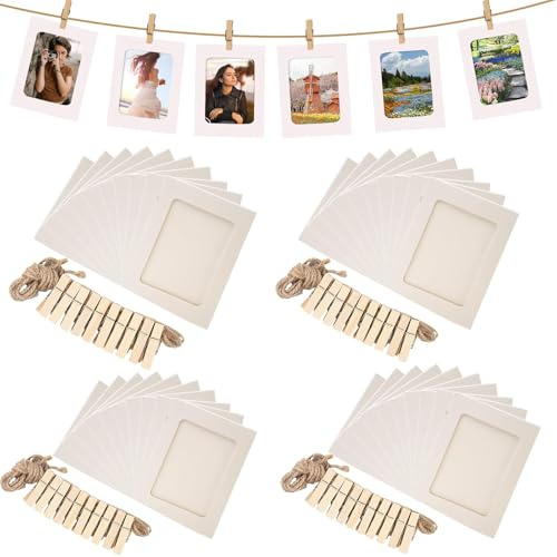 Fotogirlande,40 Stück Bilderrahmen Papier mit Holzklammern und Hanfseil | Weiß 6 Zoll Fotoleine mit KlammernKreativer Papier Fotorahmen zum Aufhängen für Wanddekoration,DIY,Party Fotogirlande