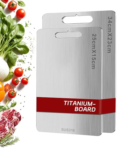 2Pcs Titanium Chopping Board, S316 Stainless Steel Cutting Board, Dual-Sided Food Grade Chopping Boards for Kitchens, Meat, Bread, Vegetables & Fruit
