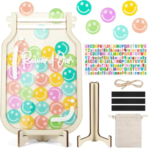 azttior Personalisierbares Belohnungsglas Magnetisch mit Bunten Buchstaben Aufklebern, 42 Smiley – Belohnungssystem Grundschule Reward Jar, Belohnungstafel Kinder für Töpfchentraining, Schule