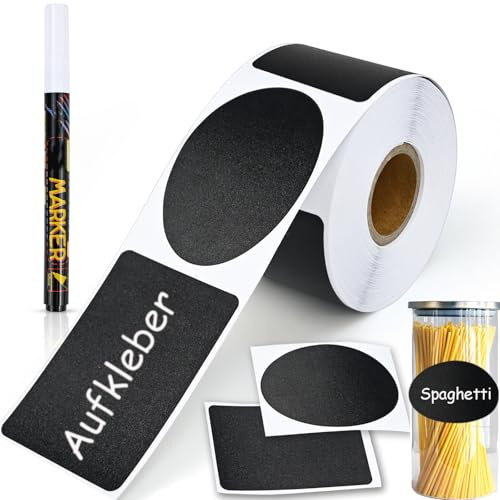 qingmeng 200 x Tafelaufkleber zum Beschriften, Beschriftungsschilder Klebeetiketten zum Beschriften Schwarz Etiketten Vorratsdosen Wasserfest mit Stift für Gewürzetiketten Namensetiketten