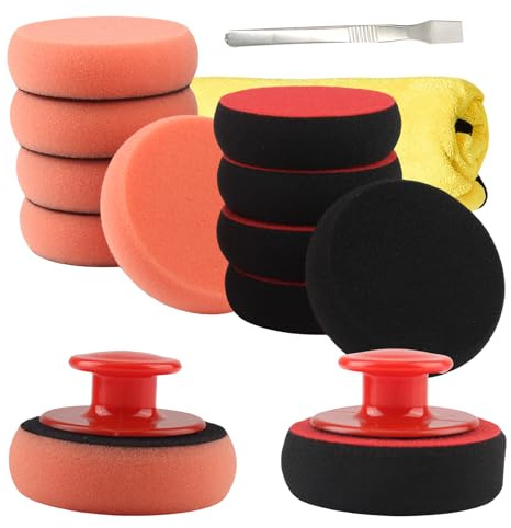 Vaskula 14 Pièces Éponge à Polir Set 90mm Pad Polissage Voiture avec Chiffons de Polissage Grattoir et Poignée Kit pour Voiture Moto Cire Scellant Poli Miroir et Nettoyant Peinture