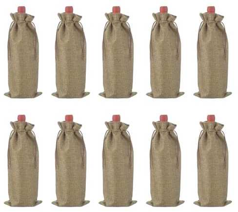 QUARKZMAN 10Stück Jute Wein Taschen Weinflaschen Geschenkbeutel Mit Zugbändern Spirituosen Flaschenhüllen Für Hochzeit Weihnachten Geburtstag Party Gastgeschenke Kaffee