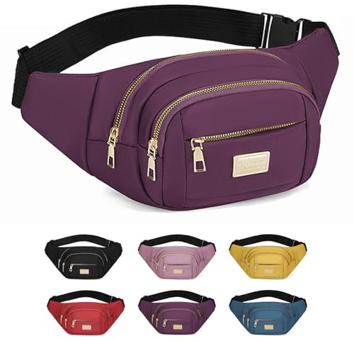 ADUDVLO Bumbags for Ladies Women Men Lightweight Adjustable Bum Bag Fanny Pack with 4 Zipper Pockets,Fashionable Waist Pack for Travel, Running, Hiking, Cycling (Purple)