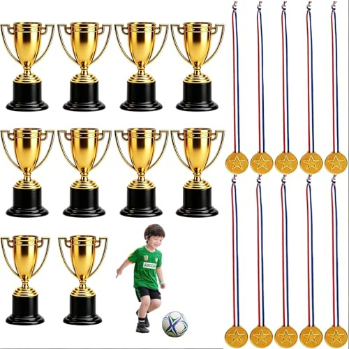 10 teiliges Sportfest Goldmedaillen & 10 Mini Pokale Trophäen für Kinderg, Medaillen Kind Mini Pokal Gewinner, Fußball Pokal Medaillen Mini,Pokal Mit Gravur, Gewinnergold für Kid Party Sports Awards