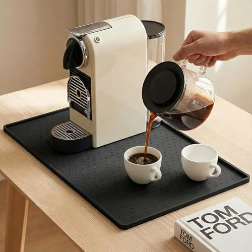 Unterlage Kaffeemaschine Rutschfeste Wasserdichte Silikonmatte Kaffeemaschine FüR Espressomaschine Und Kaffeemaschine Leckdichte Abtropfmatte Kaffeemaschine, 28x38cm, Schwarz