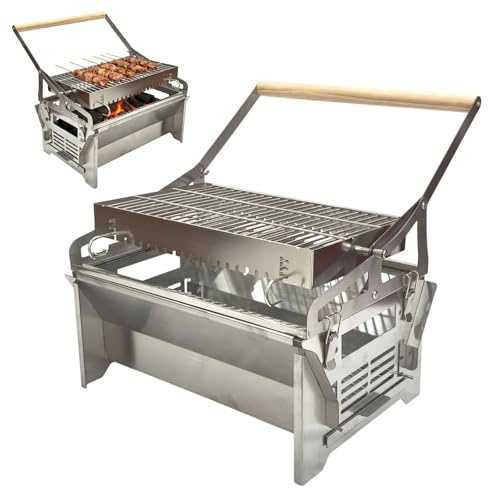 Gril à Barbecue Rotatif,Rotatif En Acier Inoxydable,Fumoir Amovible,Portable Au Charbon De Bois,Grillades RéVersibles,IdéAl Pour Les Voyages,La RandonnéE,Le Jardin,La Terrasse Et Les Pique-Niques(39.5