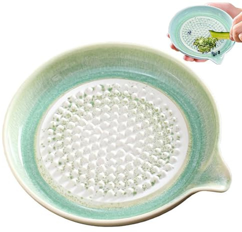 FLKWOP Gradient Ceramic Grater Plate, Herb Stripper Bowl, Porcelain Garlic Ginger Grater for Chocolate, Fruits, Vegetables, Ginger, Garlic, and Cheese (Green)