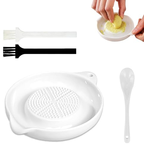 Keramikreibe Set für Ingwer und Knoblauch, weiße Ingwerreibe mit Löffel und 2 Bürsten, scharfer Reibeteller für Knoblauch, Zwiebel, Muskat, Schokolade, Käse und Küchenzubehör