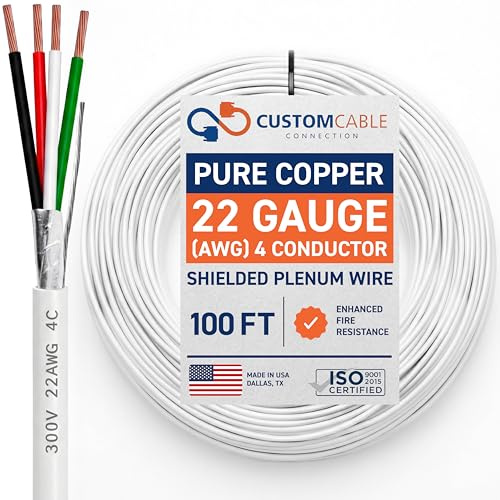 22 Gauge Wire (22 AWG) - 4 Conductor Stranded Copper Shielded Cable - UL Listed 22/4 Home Electrical Wire - Low Voltage Up to 300V - CMP/CL3P Low Smoke Plenum Jacket - USA Made (100ft - White)