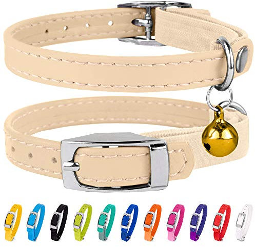 CollarDirect Leder Katzenhalsband mit Sicherheitsverschluss und Glocke, 23-28 cm, Beige