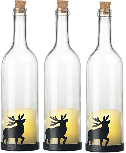 Lunartec Flaschenleuchte: 3er-Set Deko-Glasflasche, LED-Kerze & beweglicher Flamme, Elch-Motiv (Batteriebetriebene Kerzen, Dekobeleuchtung, Gläser)
