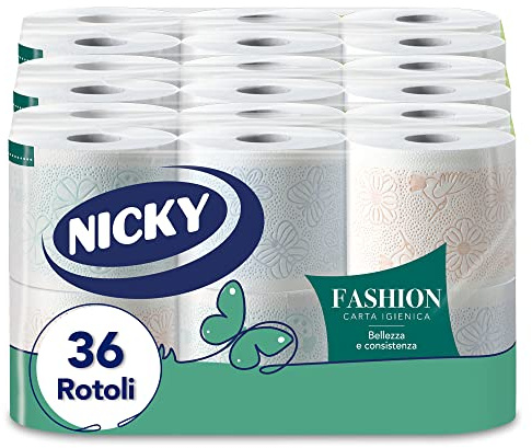 Nicky Fashion Papier Hygiénique à 4 Couches, Paquet de 36 Rouleaux (3 x 12 rouleaux), 165 Déchirures par Rouleau, Décoré Résistant et Doux sur la Peau, Délicatement Parfumé au Talc