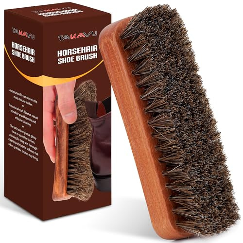 6.7 Horsehair Shoe Shine Brush - 100% Soft Genuine Horse Hair Bristles - Unique Concave Design Wood Handle for Boots, Shoes & Other Leather Care (1pc)