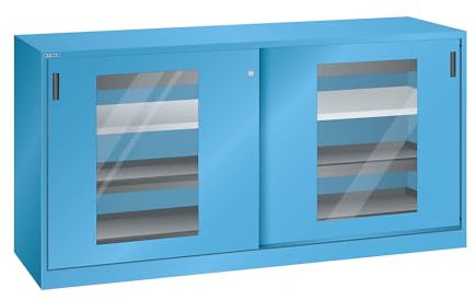 Lista | Schiebetürenschrank mit Sichtfenstertüren | 2 Fachböden | 4 Auszugböden | 2 Schubladen | lichtblau