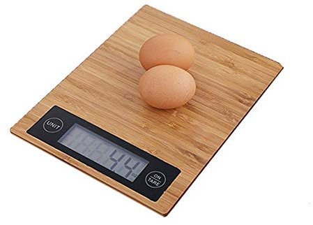 Sxuefang Balance de Cuisine Balance de Cuisine NuméRique En Bois En Bambou, Capacité 5 Kg, 5000G / 1G, Design Ultra-Fin, éCran Lcd éLectronique NuméRique Avec RéTroéClairage Bleu