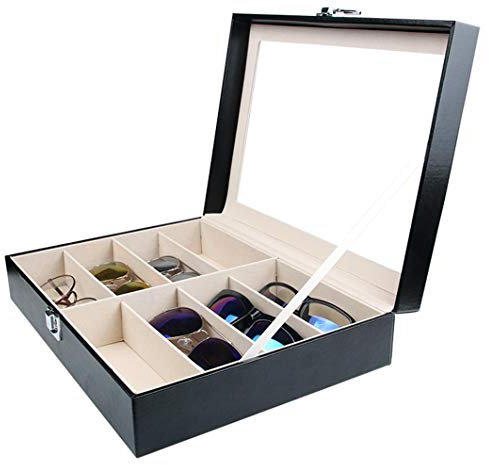 Tebery Brillenbox für 8 Brillen, mit Schaufenster aus Glas, Kunstleder Brillenkoffer, Brillendisplay Brillenorganizer für Sonnenbrille, Brillen, Schmuck, Schwarz, 33.7 x 24.5 x 8.4 cm
