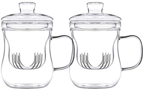 tea4chill 2 Stück Teetassen mit Glas-Filter und Deckel. Handgefertigte Teegläser für losen Tee oder Beutel. Mit je 400ml Füllvolumen und elegant geschwungener Form.