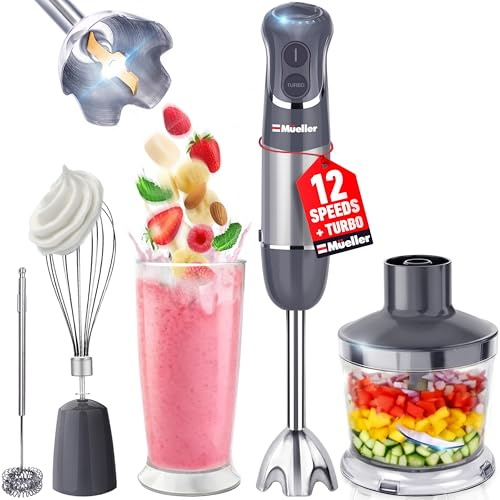 Mueller Austria Hand Blender, Smart Stick 800W, 12 Speed and Turbo Mode, 3-in-1, Titanium Steel Blades, Comfygrip Handle.