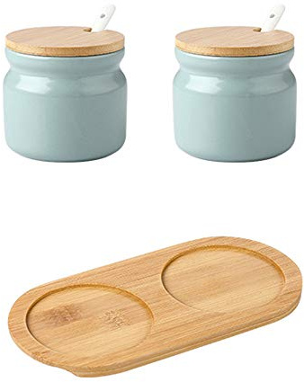 OnePine Juego de 2 Azucarero de cerámica, 300ml contenedores para Especias azúcar Pot con Tapa de bambú y Cuchara, perfecto para el hogar y la cocina
