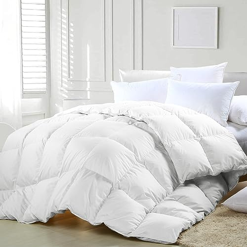 zzlamb All Season Warm Feather Down Comforter Lightweight Duvet Insert Queen Size, Durable Cotton-Blended Down Proof Shell Duvet Insert with Corner Tabs, Queen Size 90''x90'' White