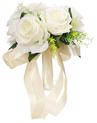 ASSR Bouquet de roses romantiques pour mariage, bouquet de roses artificielles en soie avec ruban, fleurs artificielles pour mariées ou demoiselles d'honneur, blanc, 7.87 x 9.45 inches