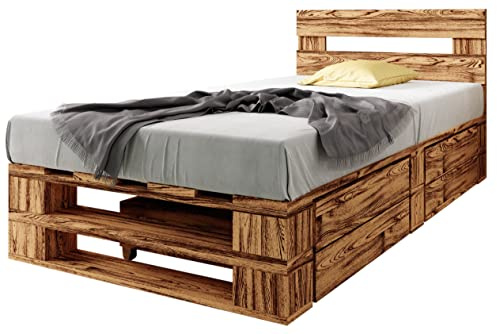 sunnypillow Palettenbett M2 aus Holz 90 x 200 cm mit Kopfteil und 2 Bettkästen Stabiles Holzbett Seniorenbett Kinderbett erhöhtes Einzelbett Bettgestell Futonbett Komforthöhe Geflammt