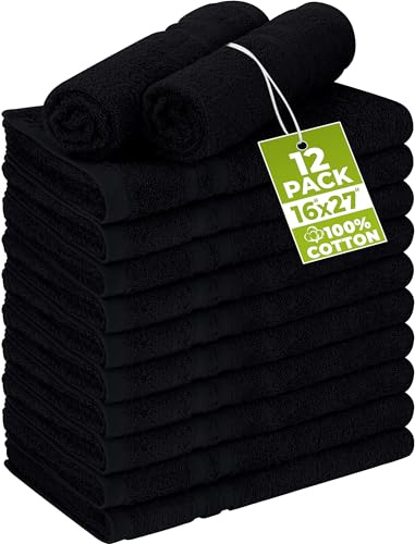 Utopia Towels Cotton Bleach Proof Salon Towel 16 by 27 inches, Bleach Safe Gym 100% Cotton Hand Towel, 12 Pack, Black