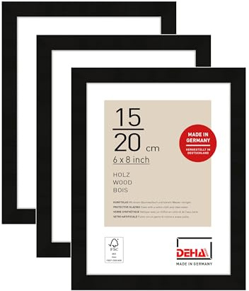 DEHA Design cadre photo, 15 x 20 cm (set de 3), bois, Noir, cadre photopour poserau format paysage et portrait, verre synthétique, Fontana
