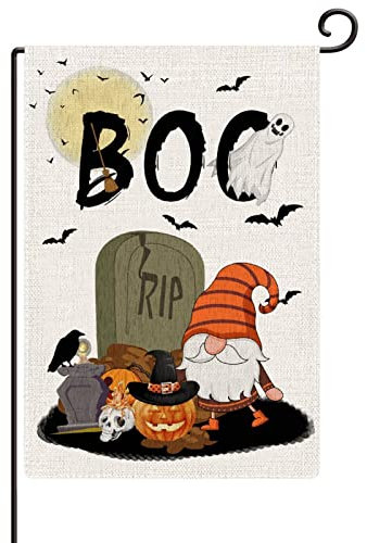 Halloween Boo Pumpkin Gnome Garden Flag Ghost Bat Moon Crow Graveyard House Flag Horror Movie 28x40in Burlap Double Sided Vintage House Flag For Outdoor Yard Garden Fall Halloween Decoration