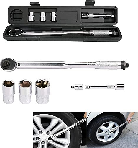 Torque Wrench Set, 1/2-Inch Drive Click Torque Wrench Socket Ratchet Handle with 17 19 21mm Sockets + 125mm Extension Bar, Ideal for Maintenance on Road & Mountain Bikes