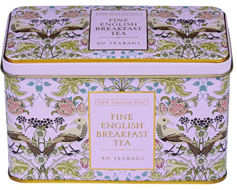 New English Teas Song Thrush and Berries Tea Tin with 40 English Breakfast Teabags (Pink)