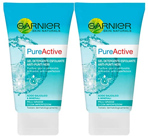 Garnier Skin Naturals Pure Active Reinigungsgel, Peeling, gegen Mitesser, Anti-Talg, Anti-Imperfezini, Formel mit Salicylsäure und Mineralien für fettige Haut, 2 Flaschen à 150 ml