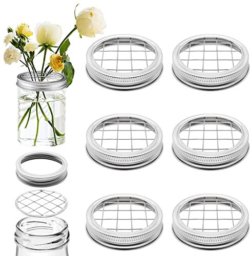Cinvo Flower Mason Jar Insert Lid Metal Flower Organizer Frog Lid for Regular Mouth Mason Canning Jars Bouquet Easy Flower Arranging(6 Set Rings and Separate Lids)
